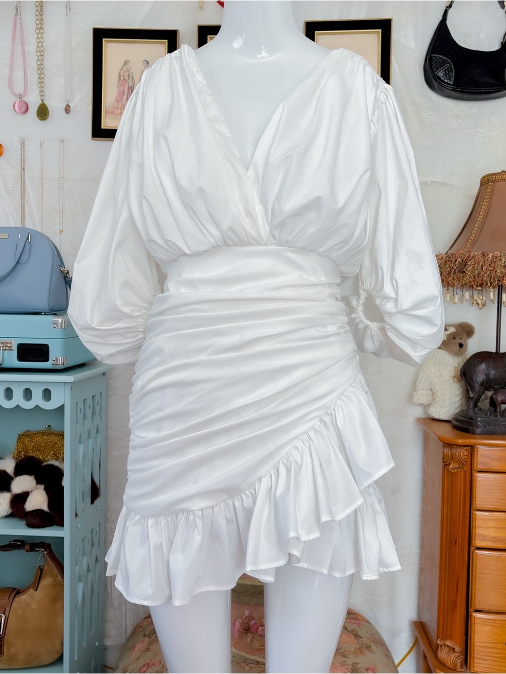 Luxury designer girly Turkish euro summer ruched ruffle hem white mini dress